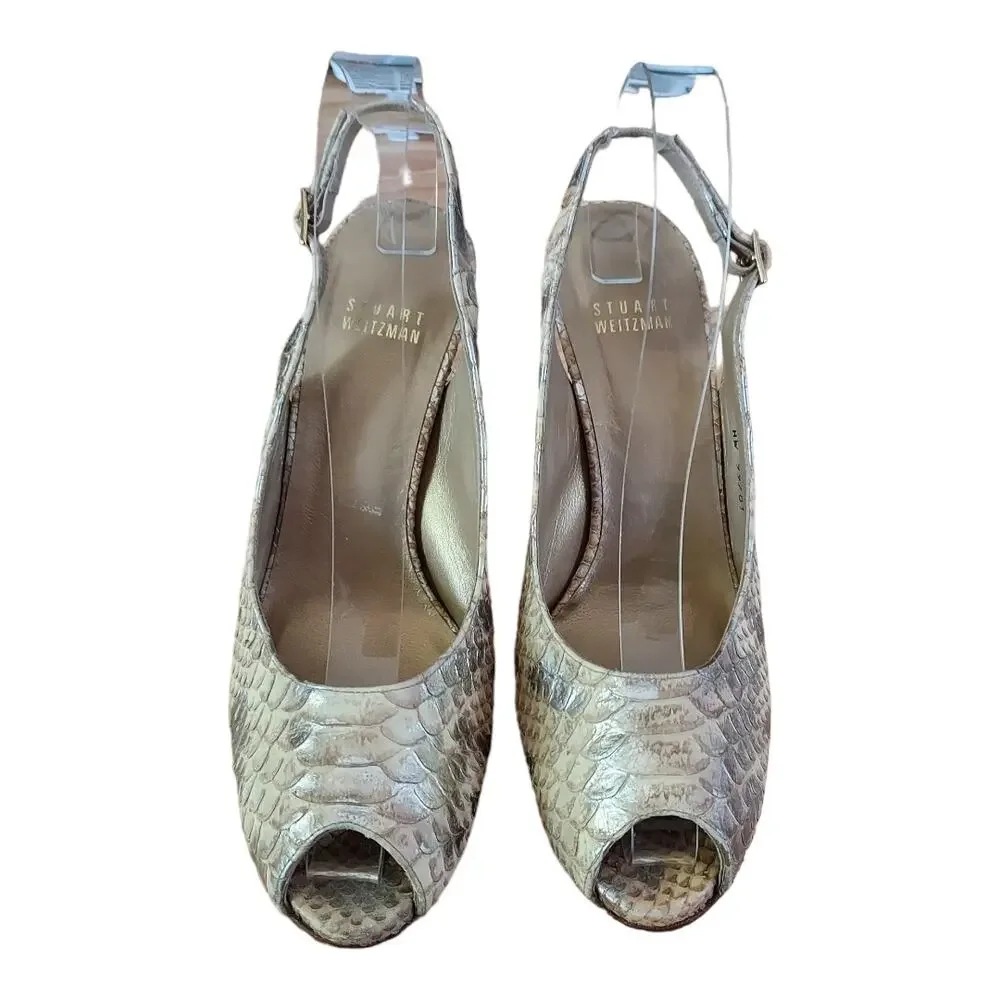 Stuart Weitzman Snakeskin Peep Toe Slingback Wood Platform 5" Pump Heels Sz 7.5 - Picture 6 of 10